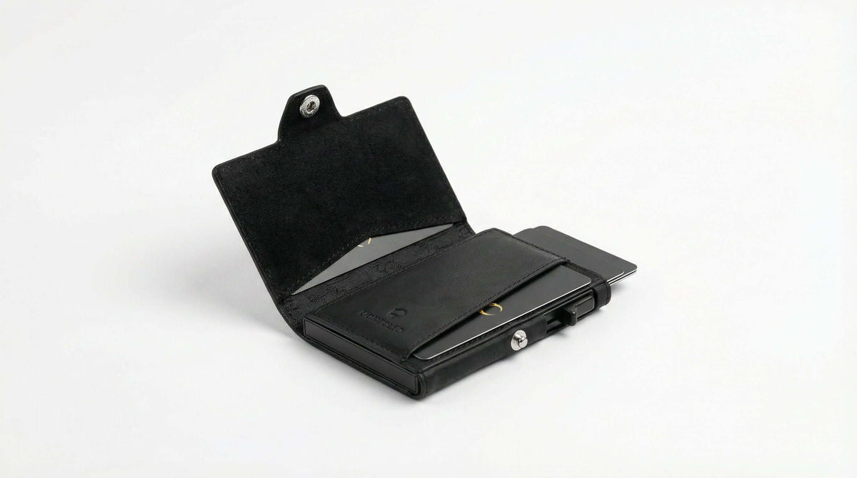 DONBOLSO Slim Wallet Austin in black, featuring a minimalist design and push-up card holder for 10 cards.