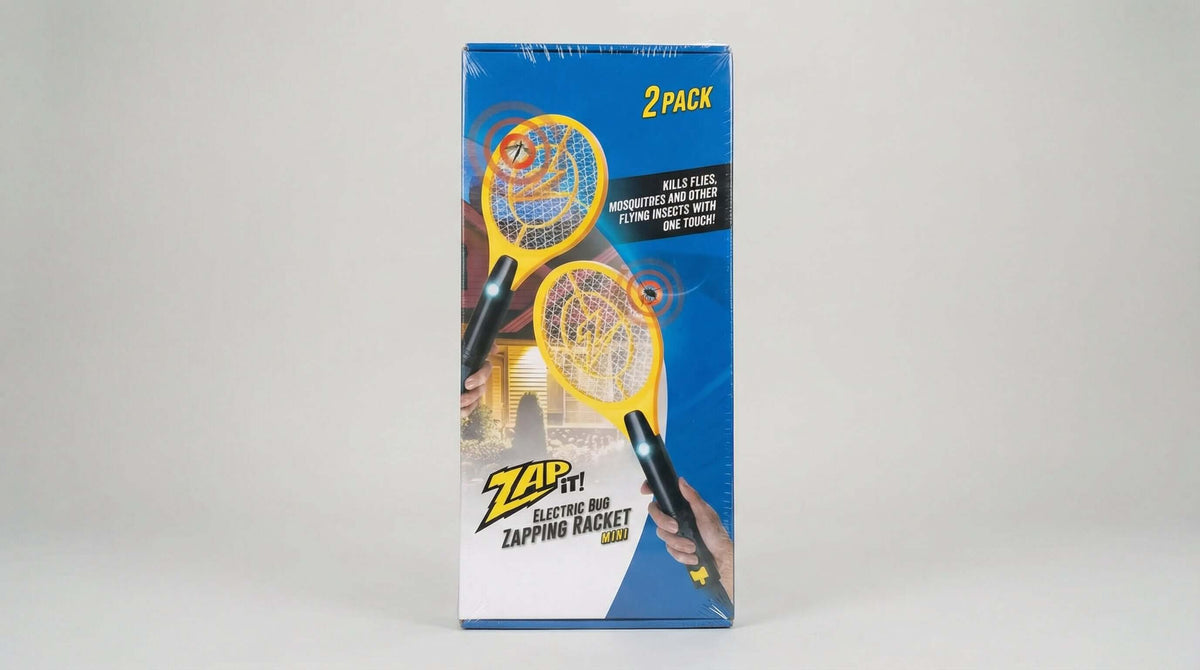 ZAP IT! Bug Zapper 2 pack showing rechargeable mosquito rackets with USB charging and 4000 volts power.