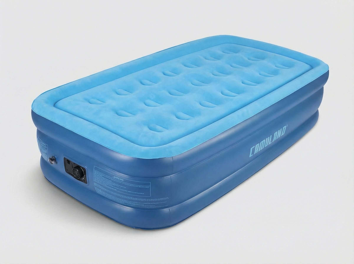 CAMULAND twin air mattress with built-in pump, showcasing a sleek design and durable material for comfortable sleeping.