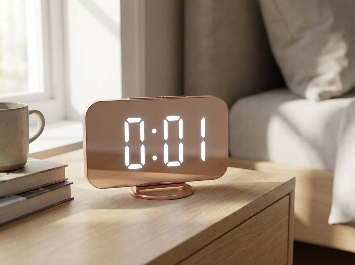 Dimmable LED alarm clock by HOT PRICE showing a sleek digital display with modern design features.