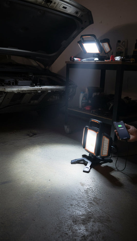 SYLSTAR 30W LED Floodlight – bright, rechargeable, adjustable, portable, hands-free, waterproof, perfect for home, work, and outdoors.