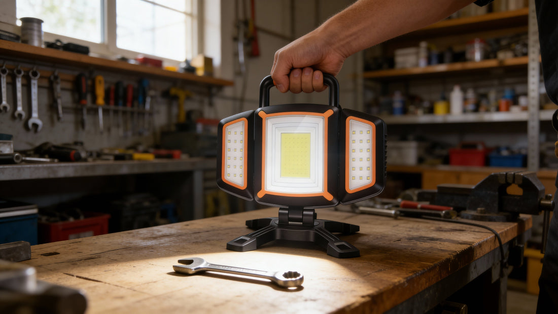 SYLSTAR LED Floodlight 30W with 3000 lumens, adjustable panels, magnetic base, rechargeable battery, and waterproof design, providing bright hands-free illumination for workshops, garages, construction sites, and outdoor tasks