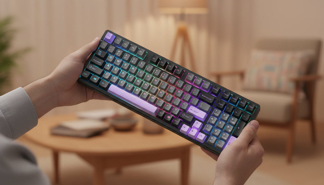 Silent, versatile keyboard with customizable RGB lighting for seamless work and gaming transitions