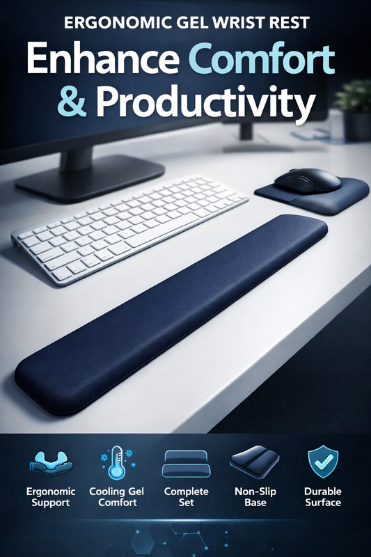 Ergonomic Gel Wrist Rest – supports wrists in a neutral position, reduces strain and fatigue, soft cooling gel for comfort, consistent all-day support, enhances typing and mouse use, improves posture and productivity