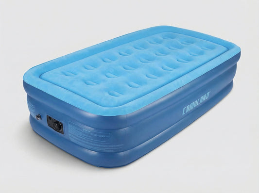 CAMULAND twin air mattress with built-in pump, fully inflated and ready for guests