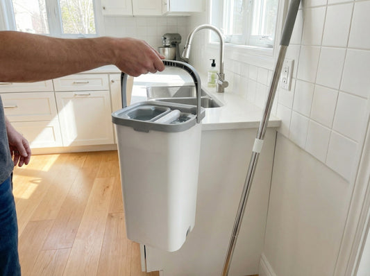 Self-cleaning mop set with adjustable handle and dual-compartment bucket for efficient and hygienic floor cleaning