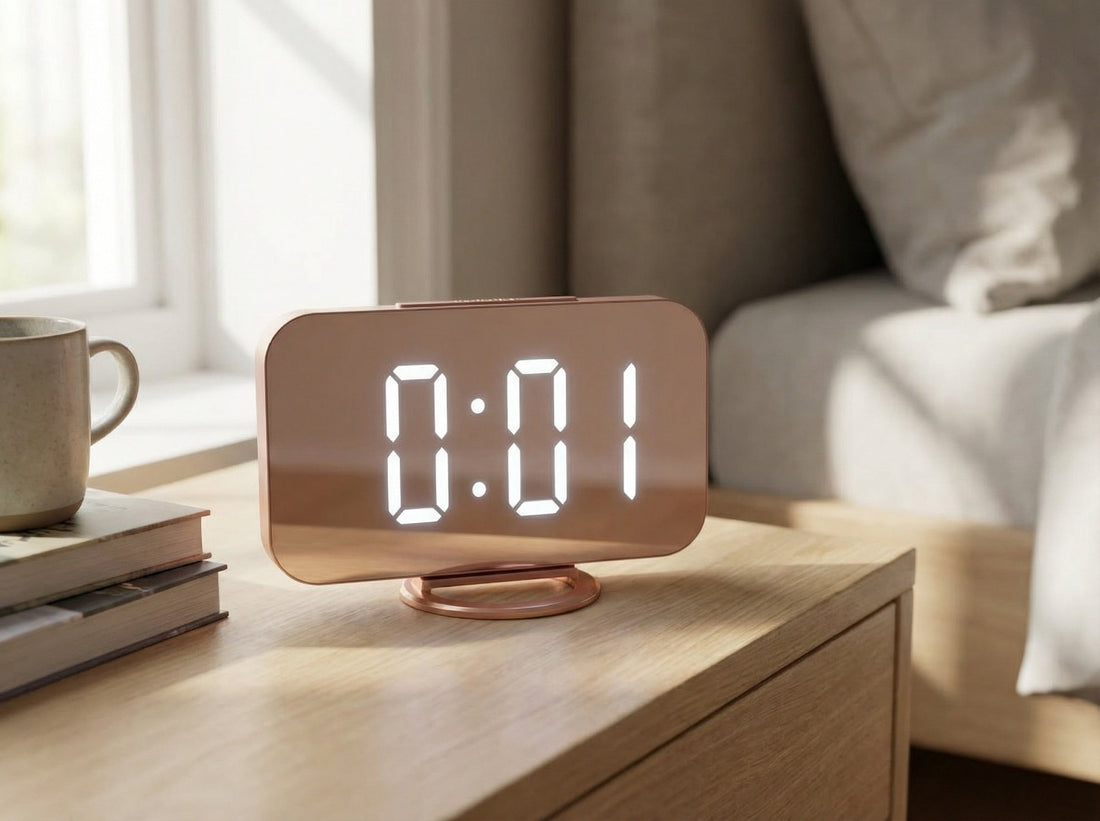 LED digital alarm clock with dimmable display and built-in USB charging on a modern bedside table
