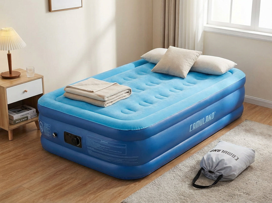 CAMULAND twin air mattress with built-in pump set up indoors for guest sleeping or travel use