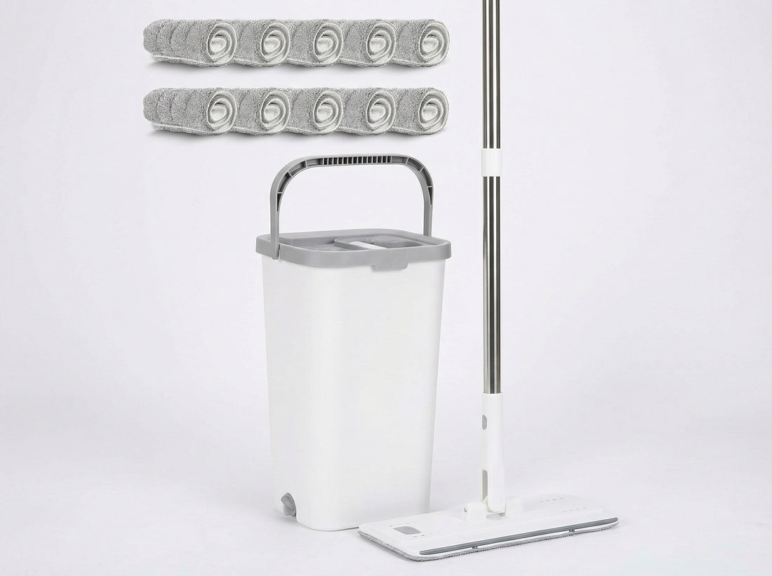 Ergonomic self-cleaning mop set with adjustable handle and dual-compartment bucket for fast, efficient, and hygienic floor cleaning in modern homes