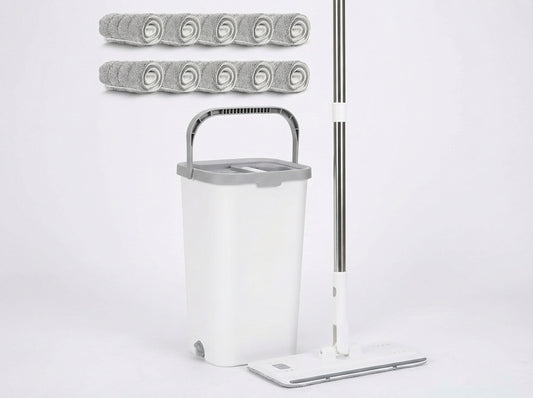 Ergonomic self-cleaning mop set with adjustable handle and dual-compartment bucket for fast, efficient, and hygienic floor cleaning in modern homes