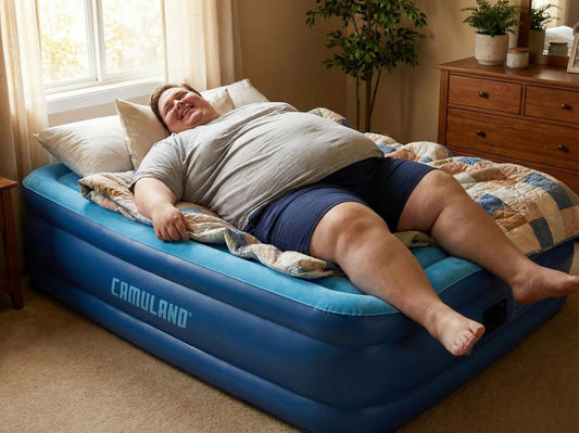 CAMULAND twin air mattress with built-in pump, elevated and ready for guest use in a compact indoor space