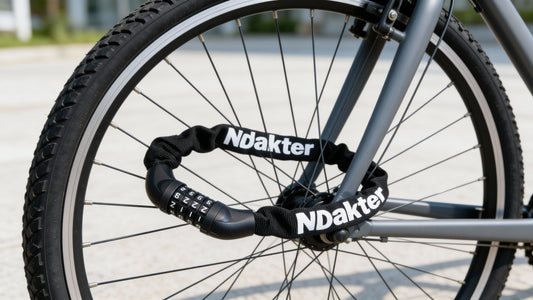 NDakter 130cm high-security bike chain lock with 5-digit combination protecting a bicycle and electric scooter from theft.