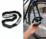 Bicycle chain lock with a 130cm hardened steel body and a 5-digit combination mechanism for high security.
