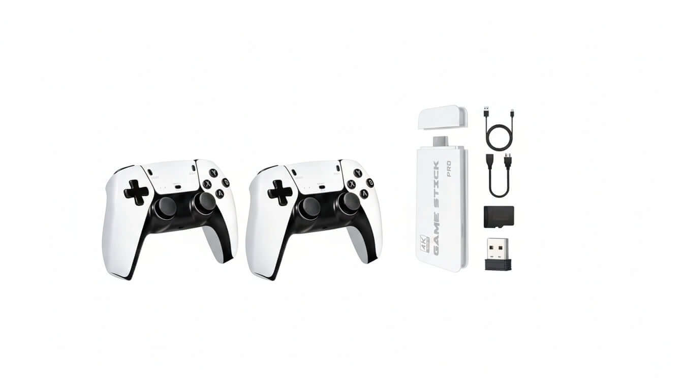 Retro gaming console by HOT PRICE with two wireless controllers and a display of classic games on screen.