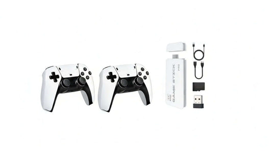 Retro gaming console by HOT PRICE with two wireless controllers and a display of classic games on screen.