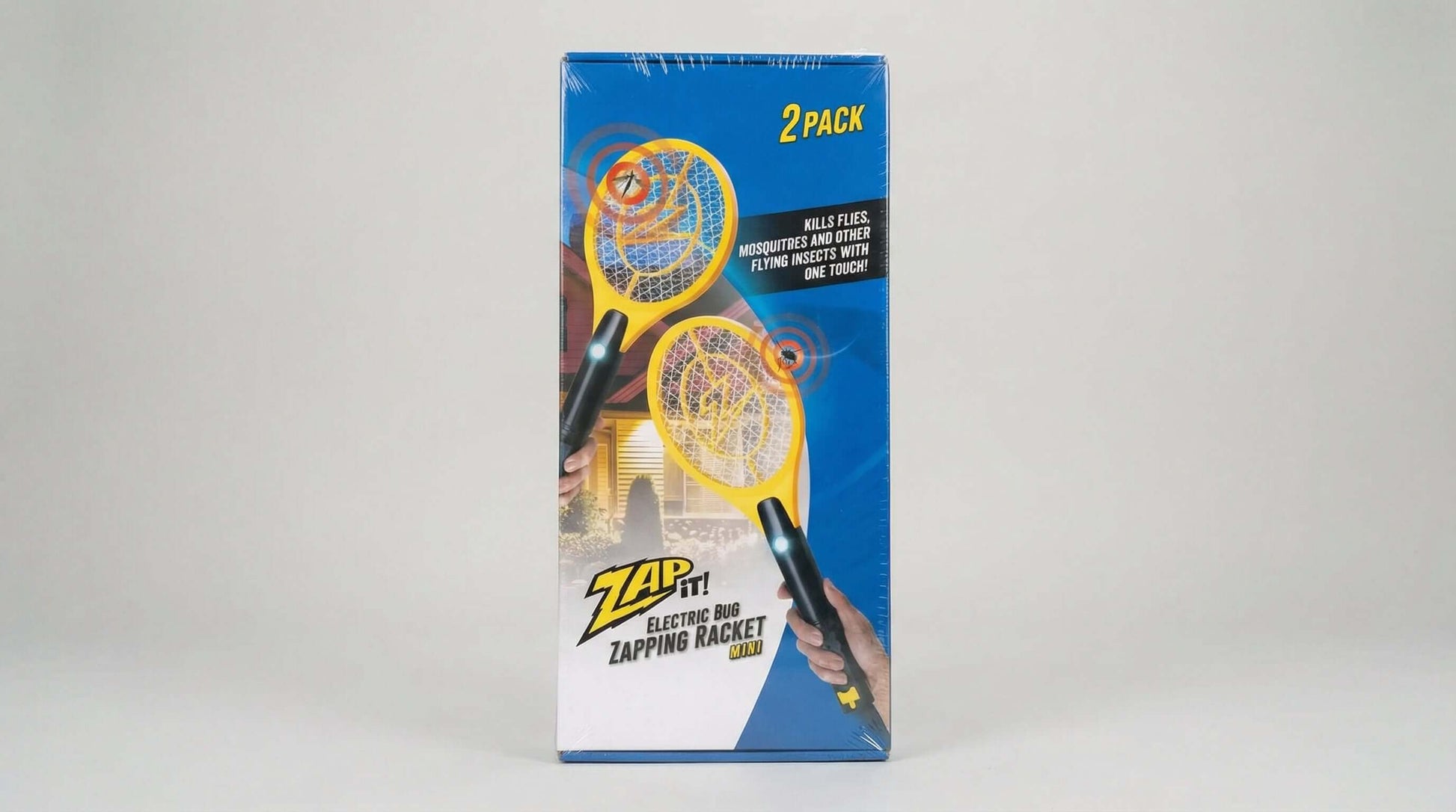 ZAP IT! Bug Zapper 2 pack showing rechargeable mosquito rackets with USB charging and 4000 volts power.