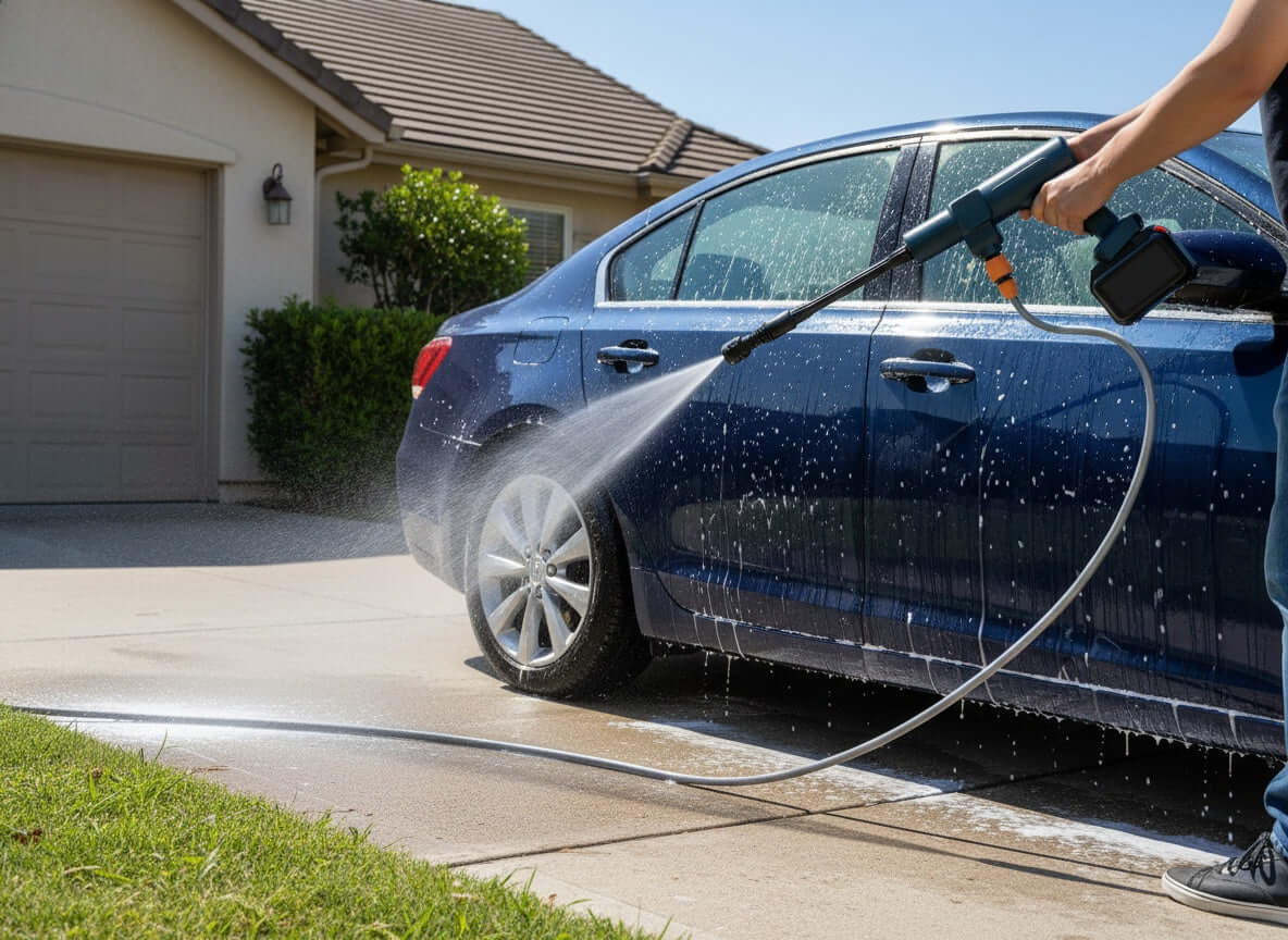 Cordless portable pressure washer by HOT PRICE, showcasing a sleek design and nozzle attachment in a clean outdoor setting.