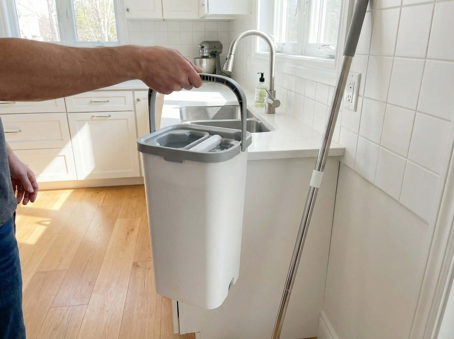 HOT PRICE mop set with bucket and adjustable handle, showcasing the mop head and ergonomic design in a clean setting.