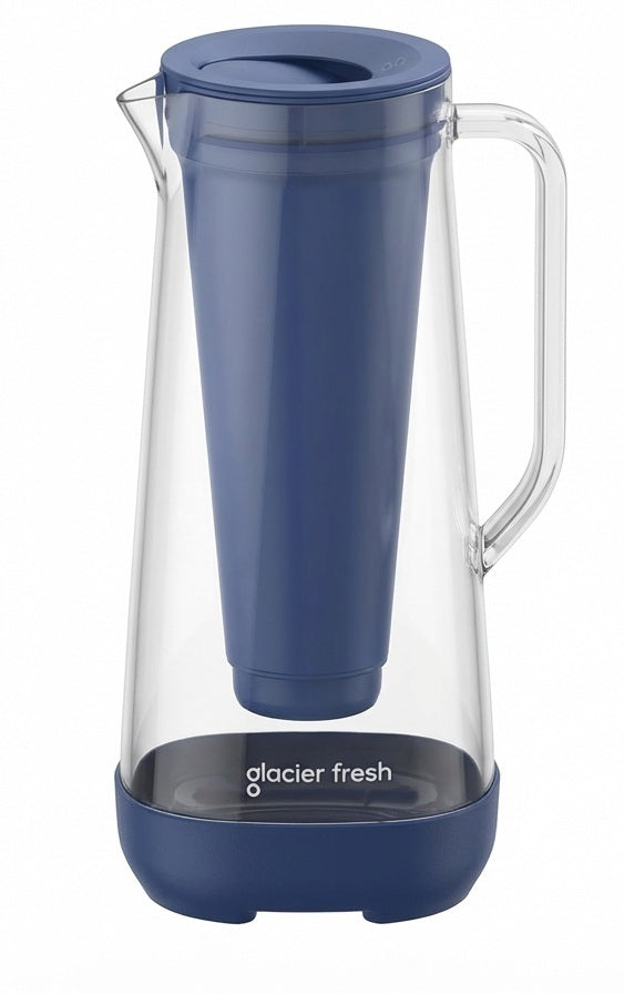 Glass water filter jug with 3L capacity featuring activated carbon and ultrafiltration filter for clean drinking water.
