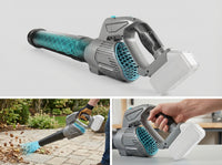 Hot Price cordless leaf blower with reversible handle, 40m/s airflow, 330 CFM, and 5-speed settings, shown in use.