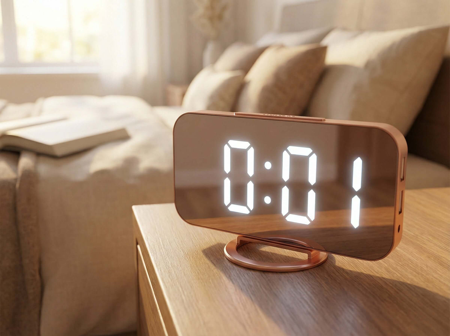 Dimmable LED alarm clock by HOT PRICE displaying time and a sleek, modern design in a home setting.