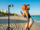 Selfie tripod with durable aluminum build and non-slip feet holding a smartphone, perfect for stable selfies and videos.