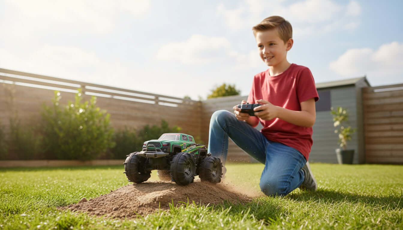Green 4WD amphibious remote-controlled car by HOT PRICE, showcasing waterproof design and 360° rotation capability.