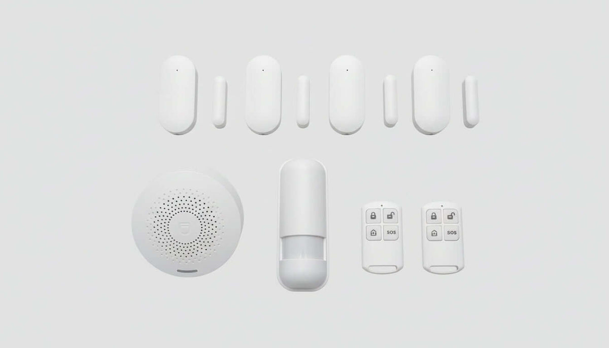 SanJie Home Security Alarm System with PIR detector, remote controls, and door window sensor, featuring TUYA app integration.