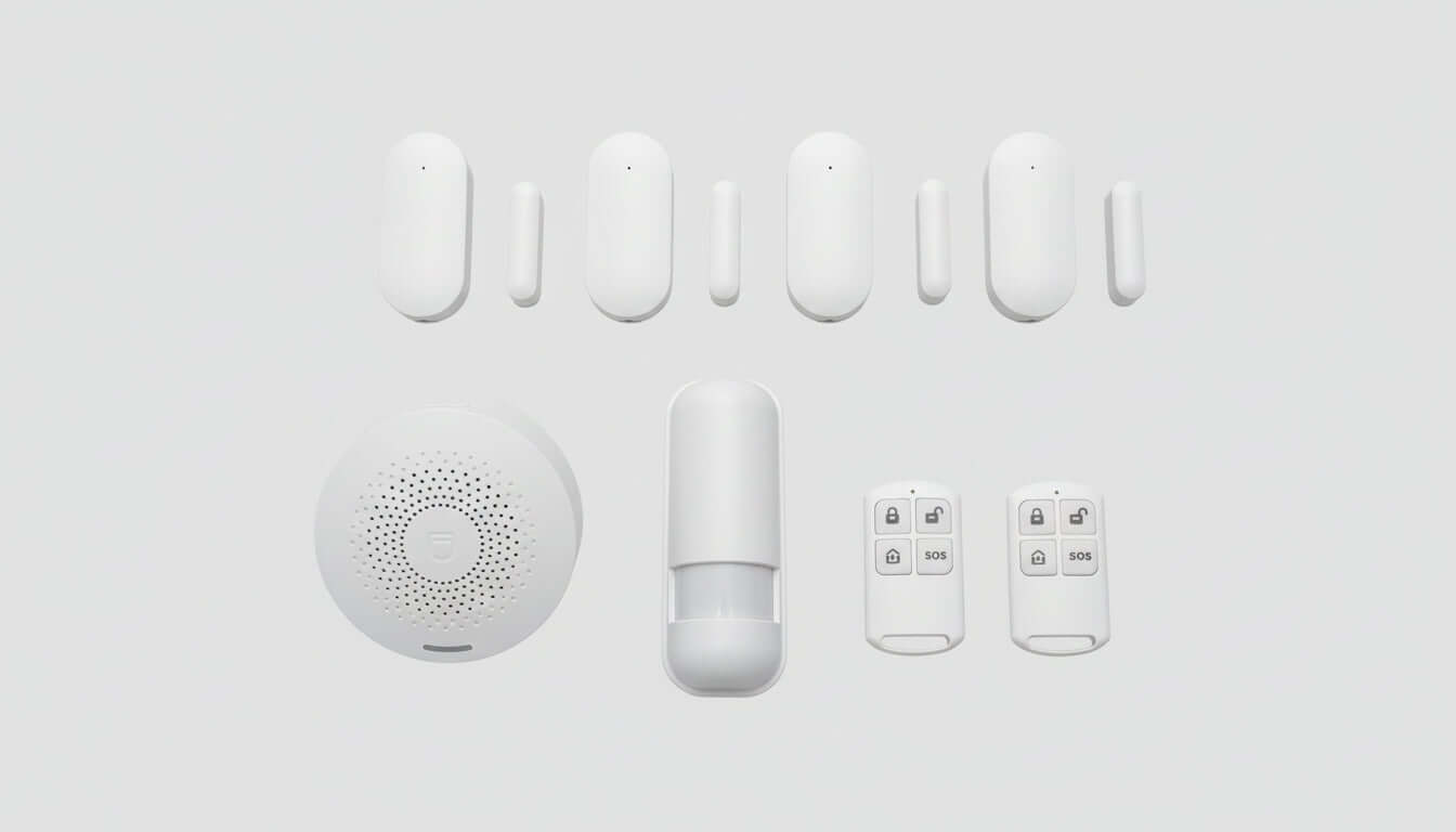 SanJie Home Security Alarm System with PIR detector, remote controls, and door window sensor, featuring TUYA app integration.