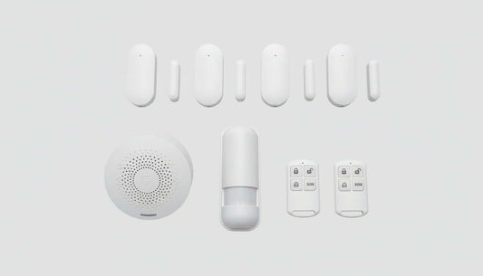 SanJie Home Security Alarm System with PIR detector, remote controls, and door window sensor, featuring TUYA app integration.