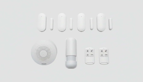 SanJie Home Security Alarm System with PIR detector, remote controls, and door window sensor, featuring TUYA app integration.