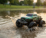 Green 4WD amphibious remote-controlled car by HOT PRICE, showcasing waterproof design and 360° maneuverability.