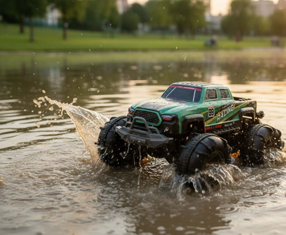 Green 4WD amphibious remote-controlled car by HOT PRICE, showcasing waterproof design and 360° maneuverability.
